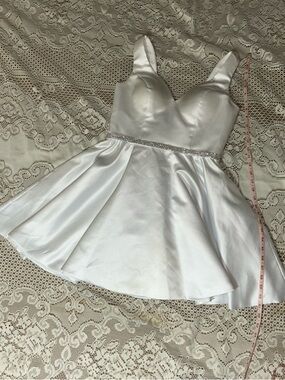 Satin White Mini Dress with Rhinestone Waist